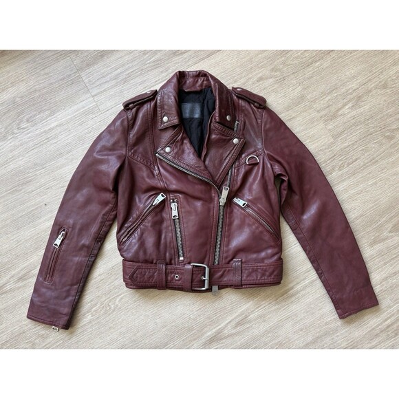 All Saints Jackets & Blazers - ALLSAINTS Women’s Burgandy Lined Leather Jacket Gidley Biker Moto US Size 2 WARM